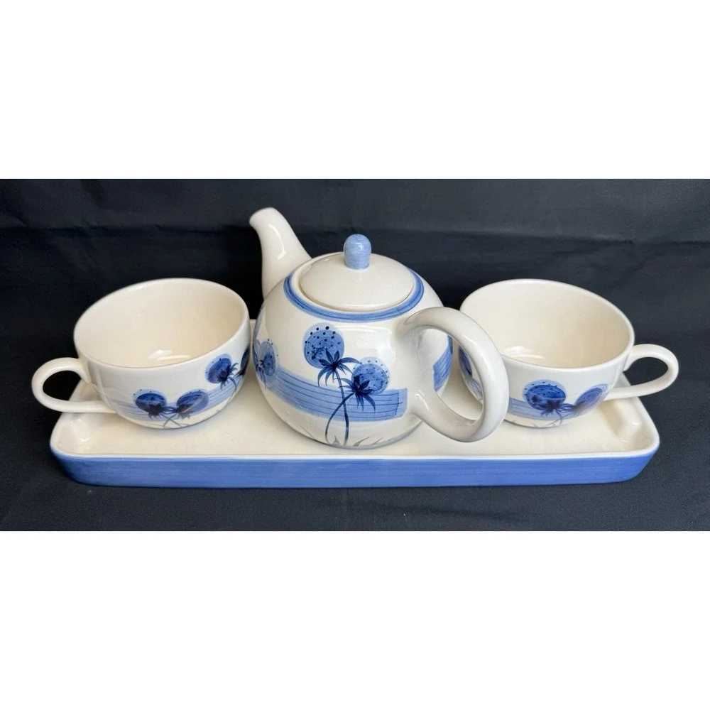Vintage Herman Dodge 5 Piece Tea Set Teapot 2 Cups Tray Handpainted Blue & White